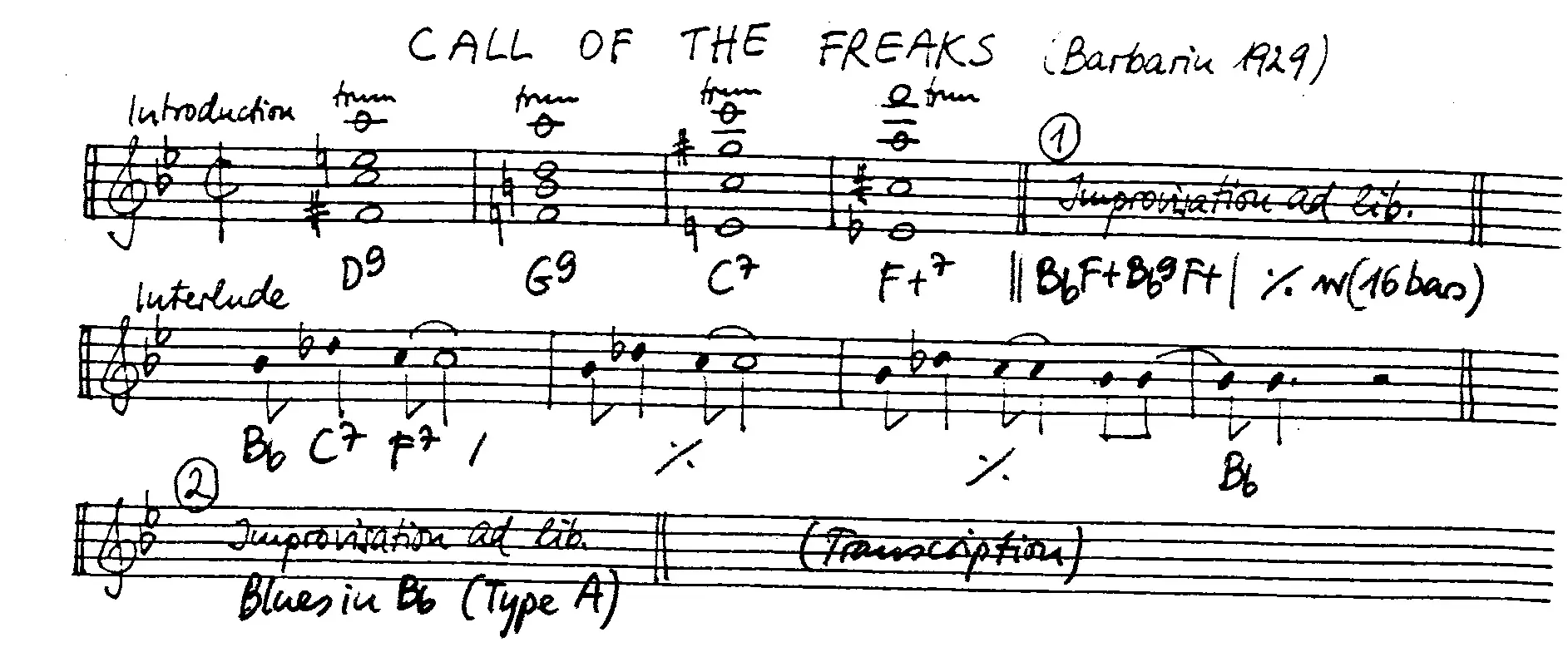 call of the freaks free jazz leadsheet - Courtesy of the Jungle Jazz Band